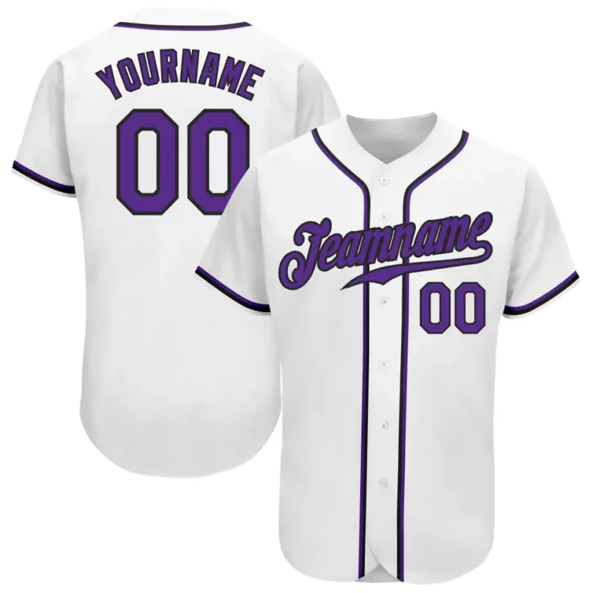 Custom White Baseball Jersey with Purple Black