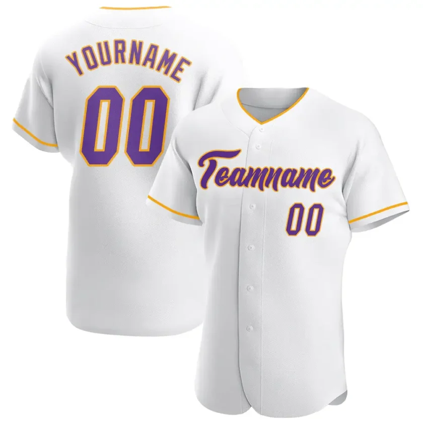 Custom White Baseball Jersey with Purple Gold 3
