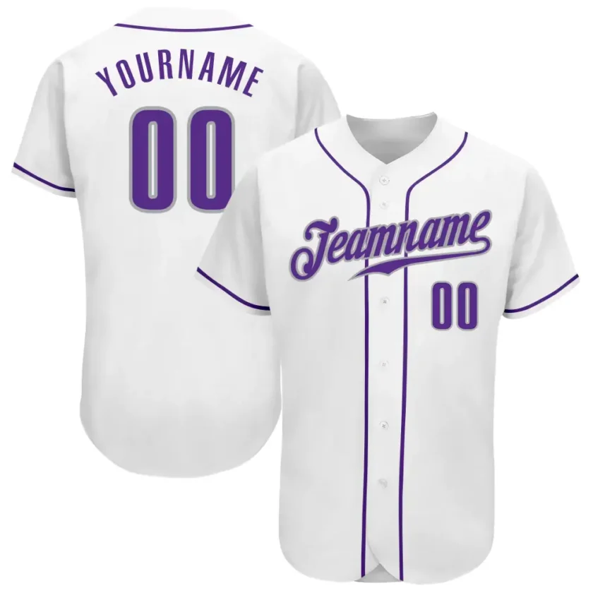 Custom White Baseball Jersey with Purple Gray