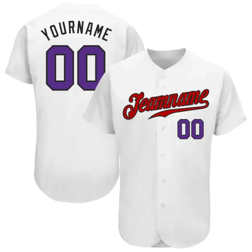 Custom White Baseball Jersey with Purple Red