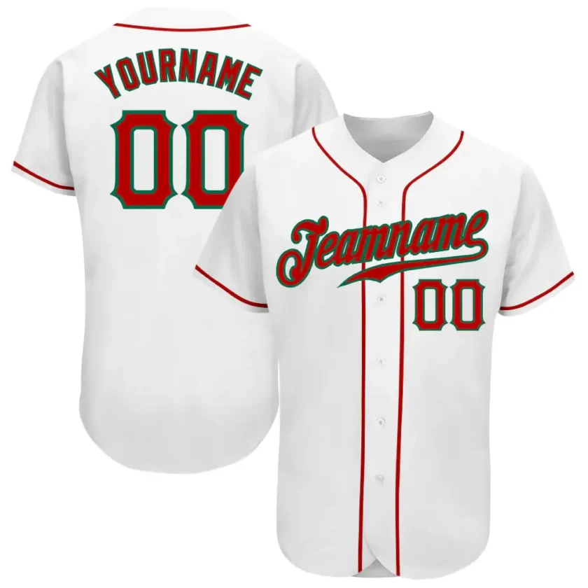 Custom White Baseball Jersey with Red Kelly Green