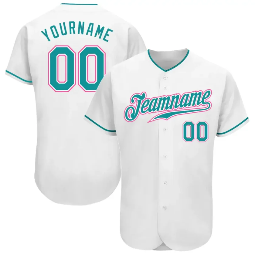 Custom White Baseball Jersey with Teal Pink