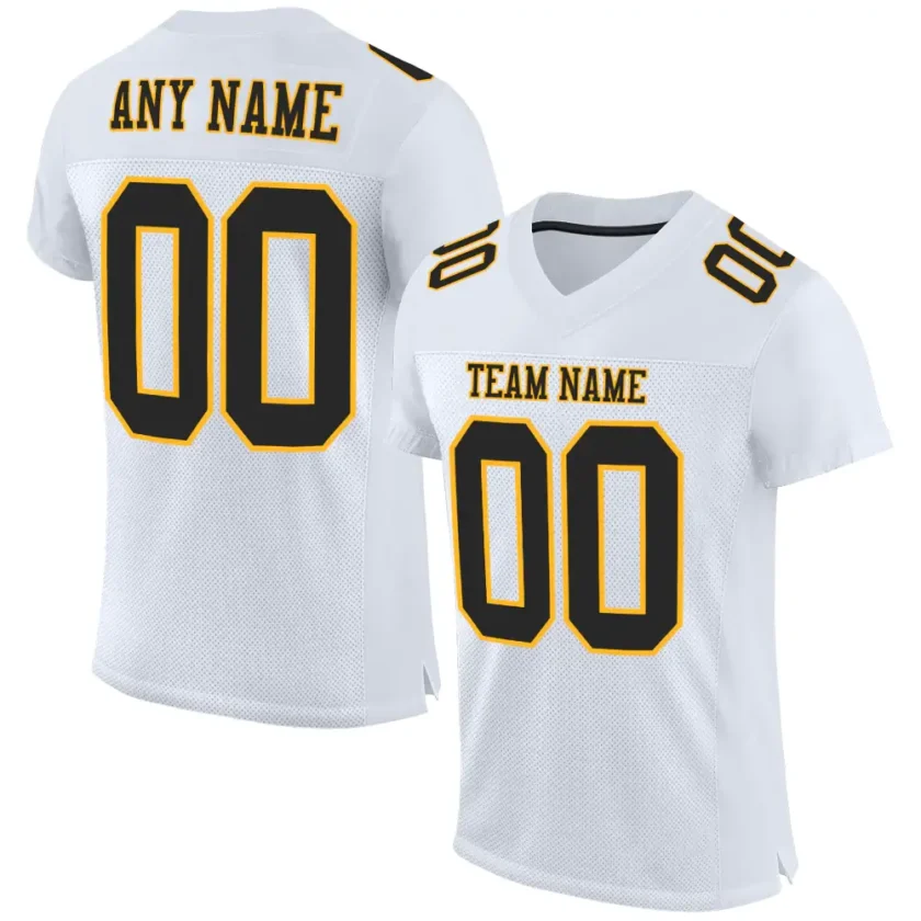 Custom White Mesh Football Jersey with Black Gold 3