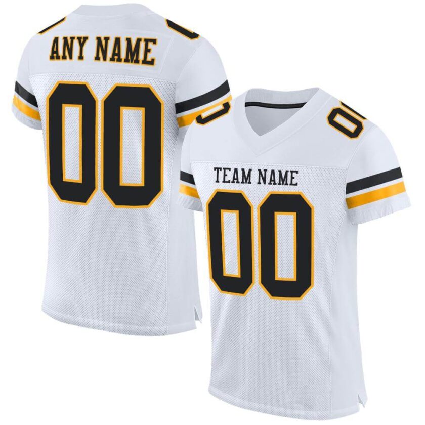 Custom White Mesh Football Jersey with Black Gold