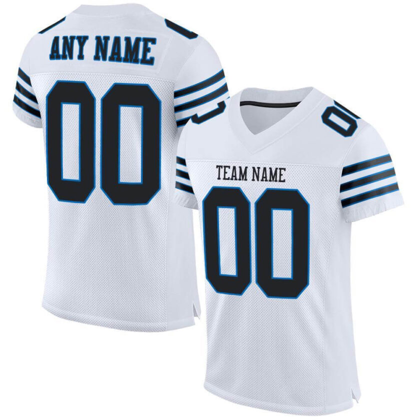 Custom White Mesh Football Jersey with Black Panther Blue 1