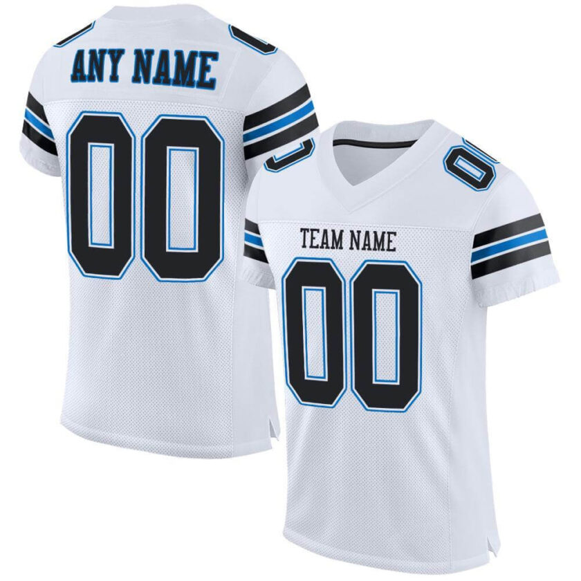 Custom White Mesh Football Jersey with Black Panther Blue