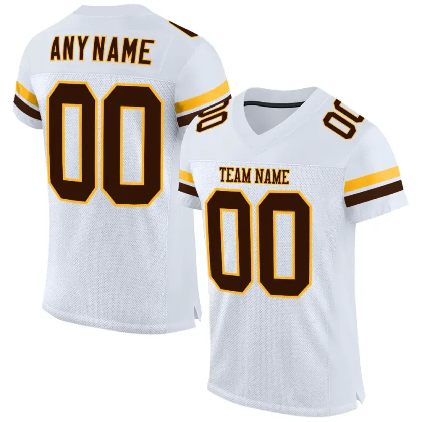 Custom White Mesh Football Jersey with Brown Gold