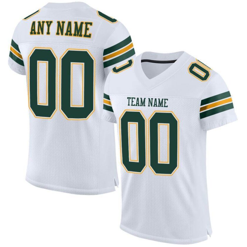 Custom White Mesh Football Jersey with Green Gold 1