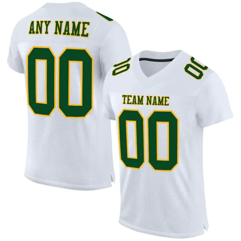 Custom White Mesh Football Jersey with Green Gold
