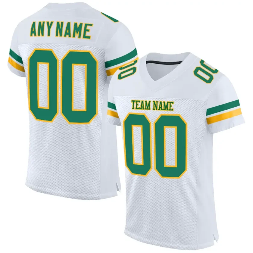 Custom White Mesh Football Jersey with Kelly Green Gold