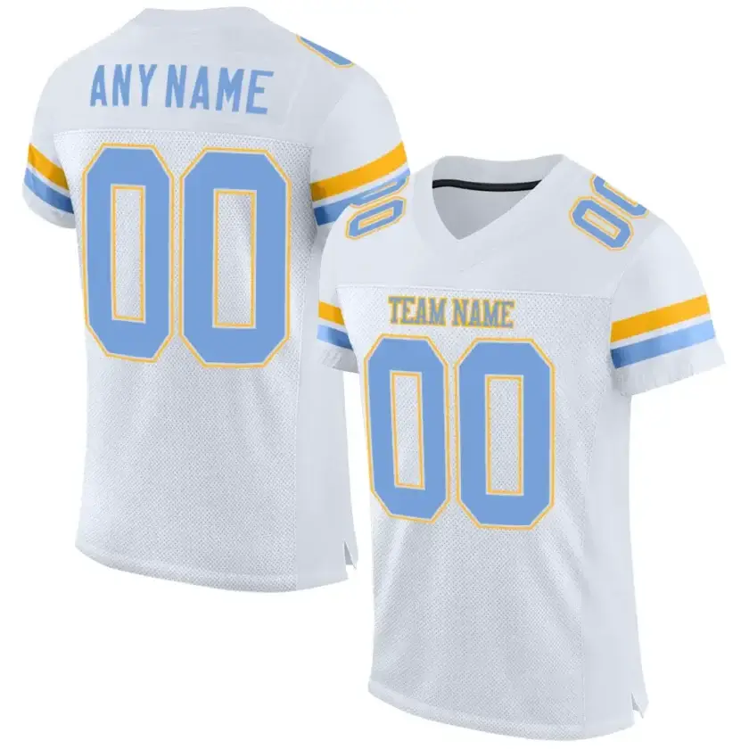 Custom White Mesh Football Jersey with Light Blue-Gold