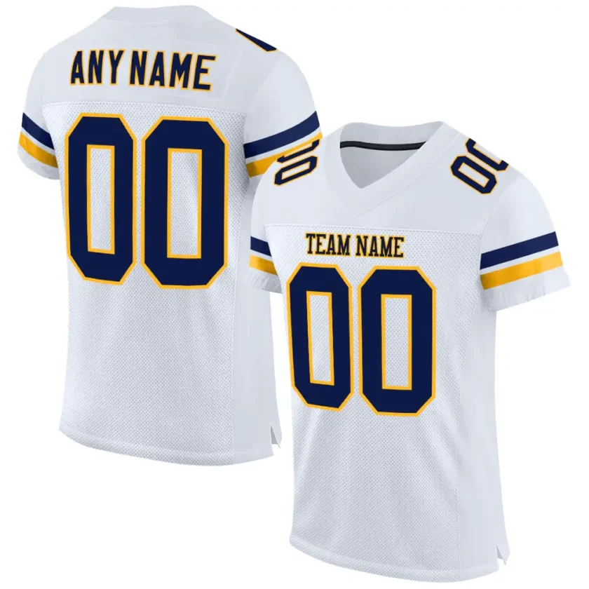 Custom White Mesh Football Jersey with Navy Gold