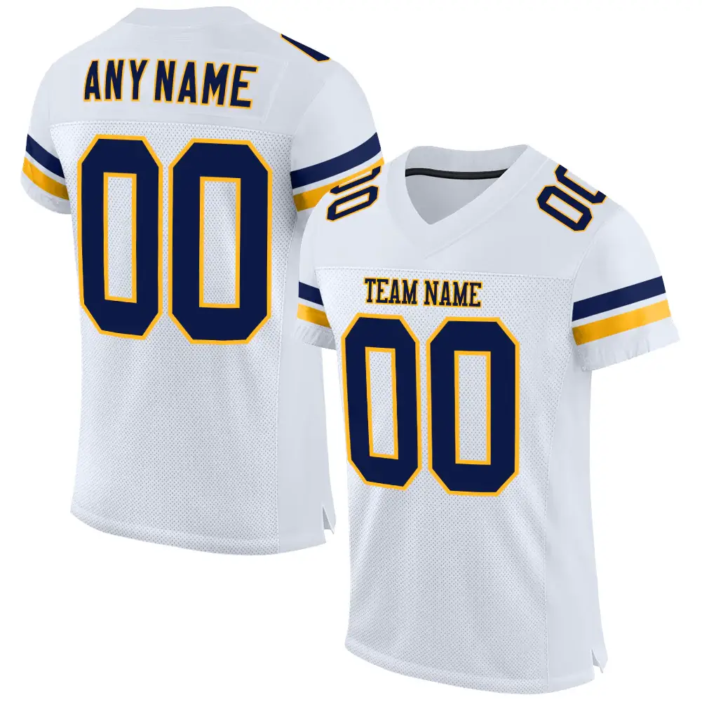 Custom White Mesh Football Jersey with Navy-Gold