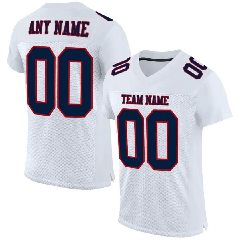 Custom White Mesh Football Jersey with Navy Red 3