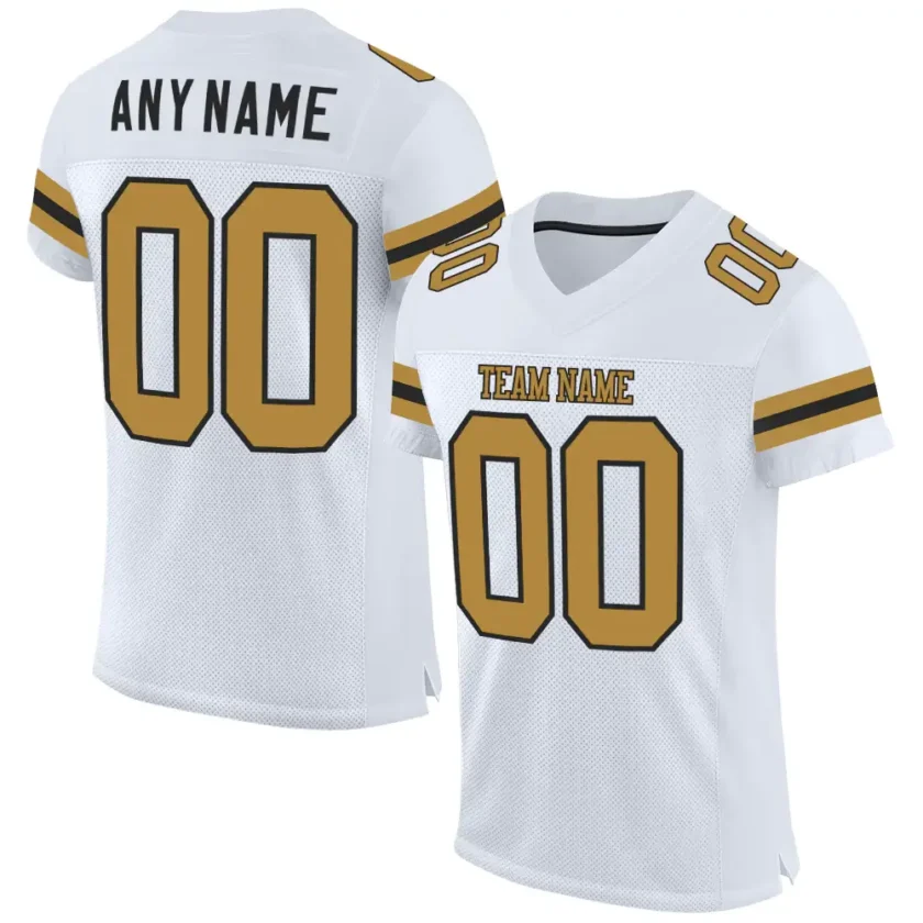 Custom White Mesh Football Jersey with Old Gold Black