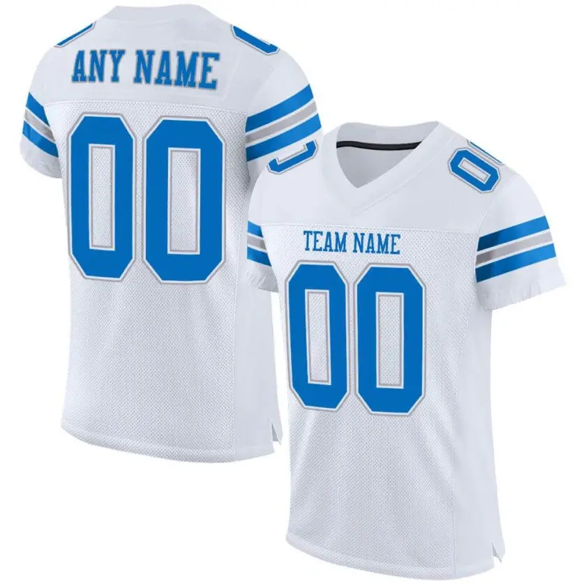 Custom White Mesh Football Jersey with Panther Blue-Light Gray