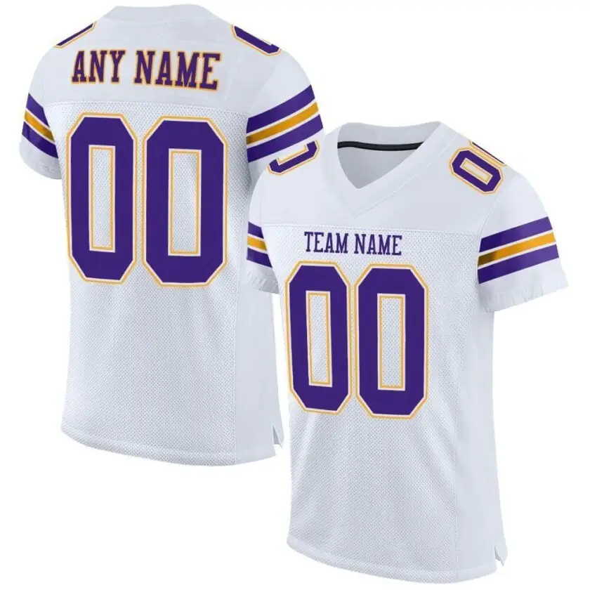 Custom White Mesh Football Jersey with Purple-Gold