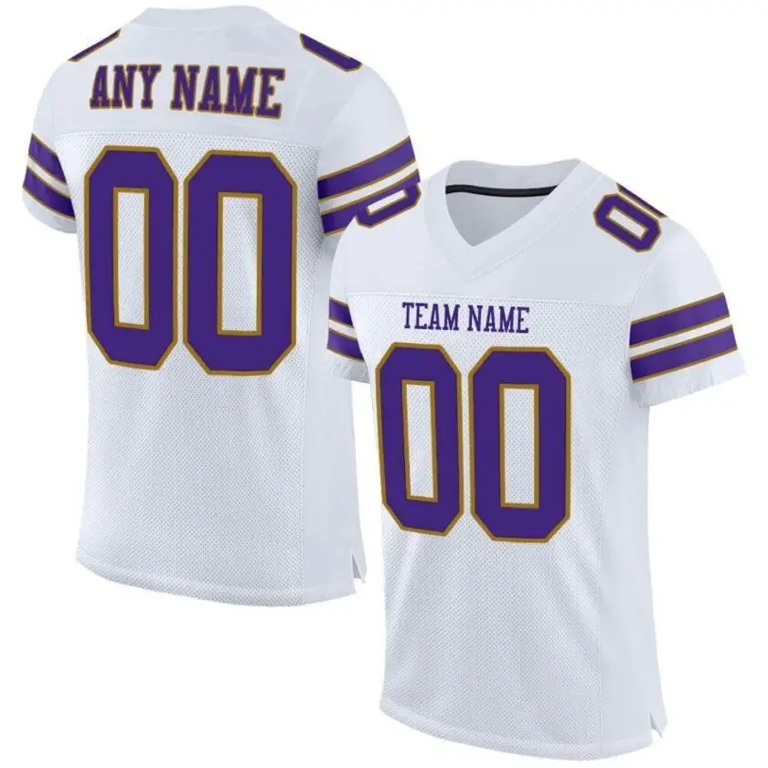 Custom White Mesh Football Jersey with Purple-Old Gold