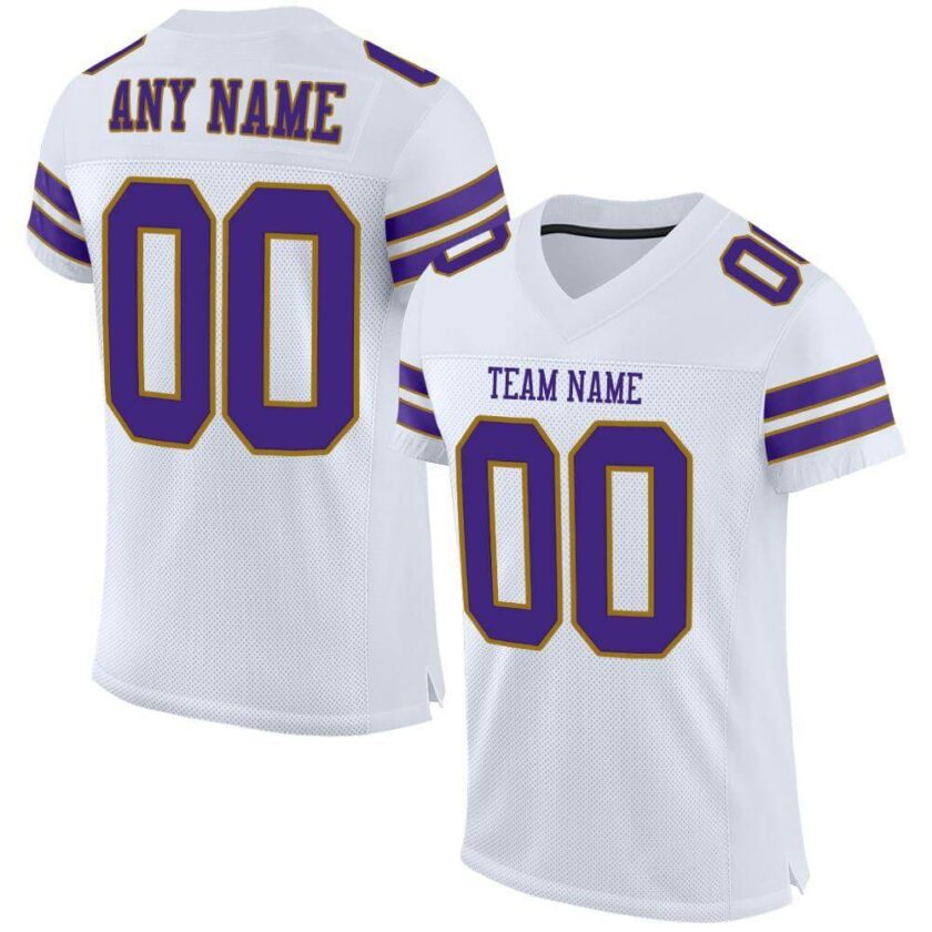 Custom White Mesh Football Jersey with Purple Old Gold 1