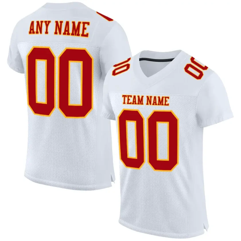 Custom White Mesh Football Jersey with Red Gold