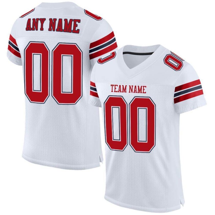 Custom White Mesh Football Jersey with Red Navy