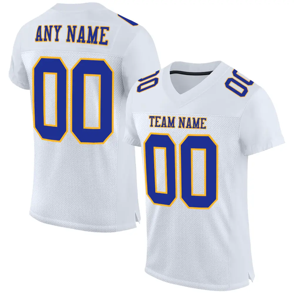 Custom White Mesh Football Jersey with Royal-Gold