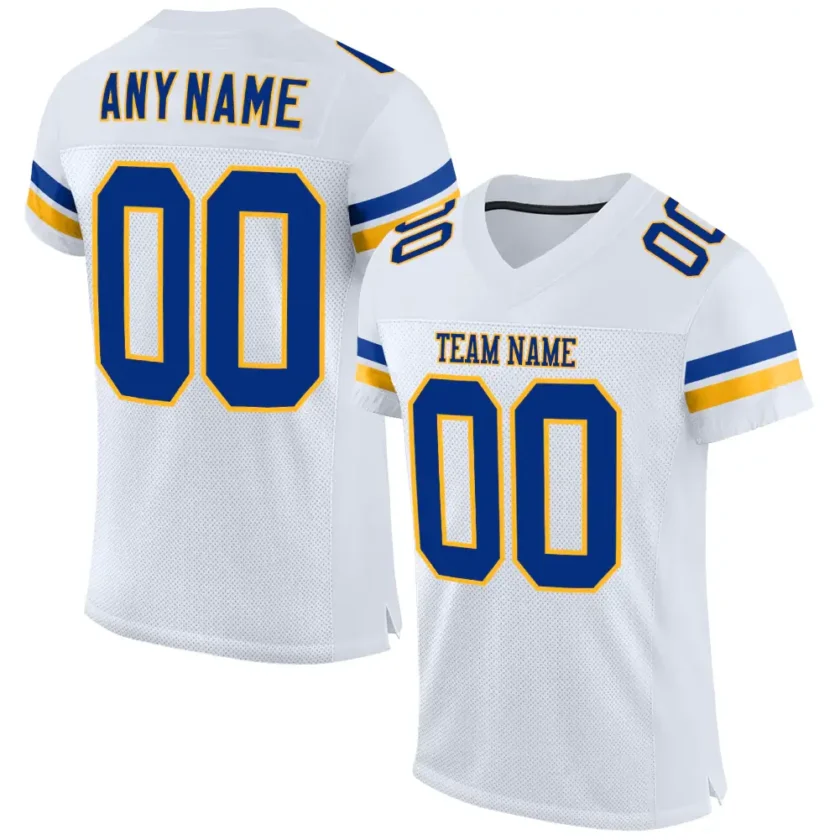 Custom White Mesh Football Jersey with Royal Gold