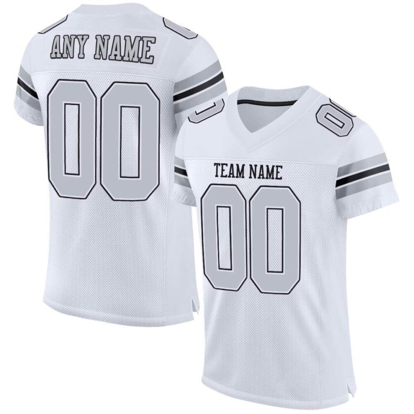 Custom White Mesh Football Jersey with Silver Black 1