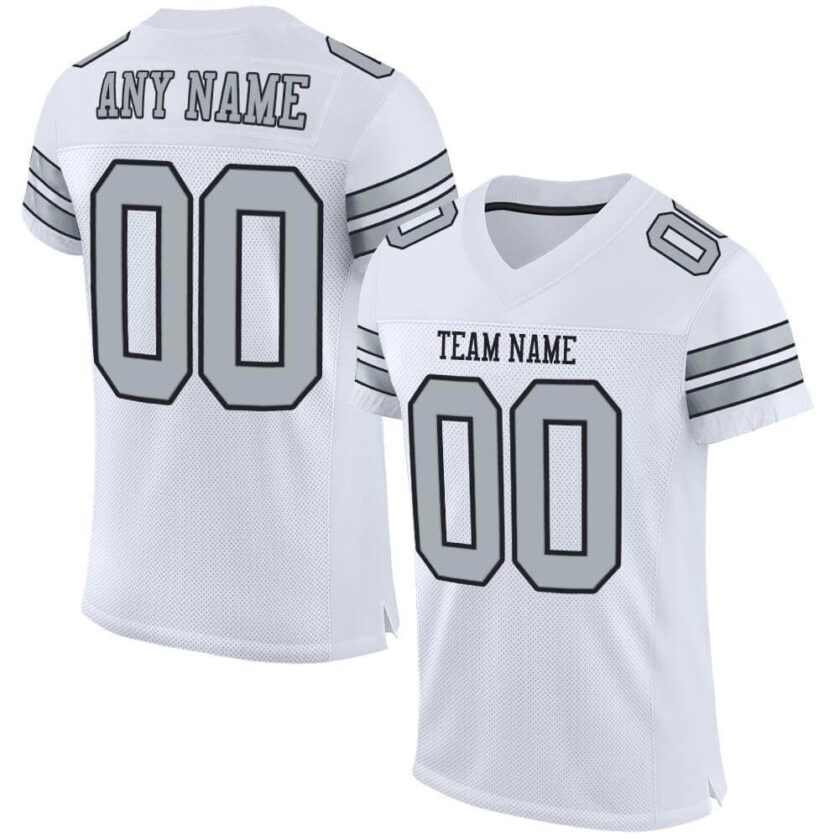 Custom White Mesh Football Jersey with Silver Black 2