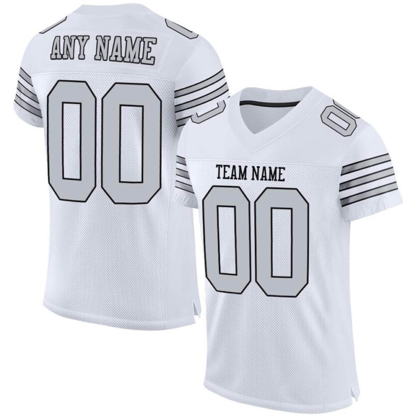 Custom White Mesh Football Jersey with Silver Black 3