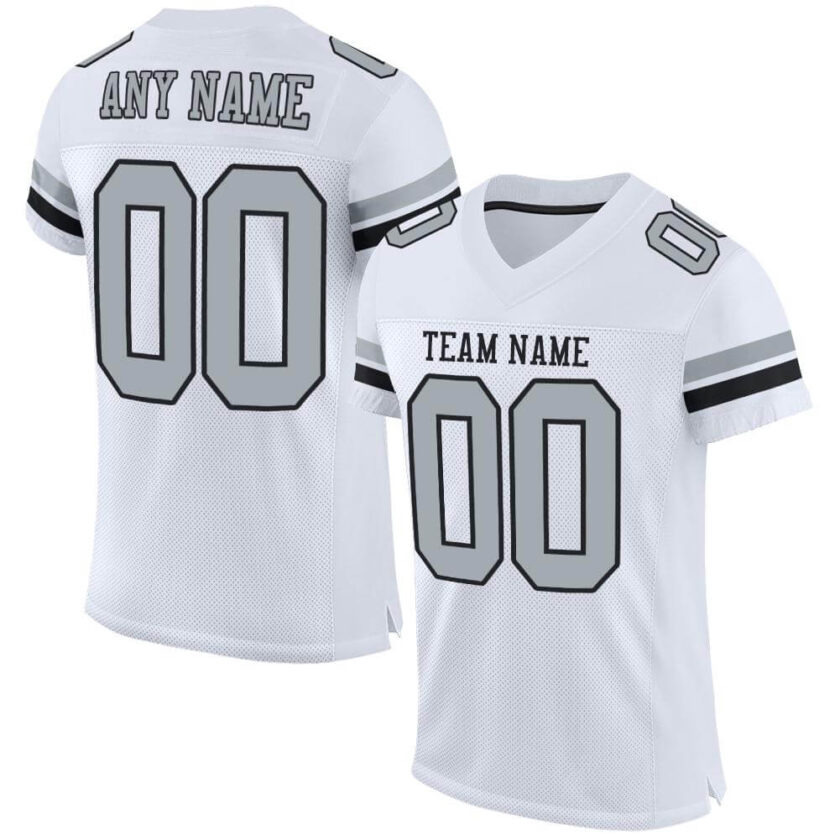 Custom White Mesh Football Jersey with Silver Black