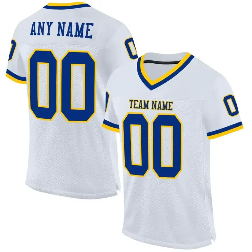 Custom White Mesh Throwback Football Jersey with Royal-Gold