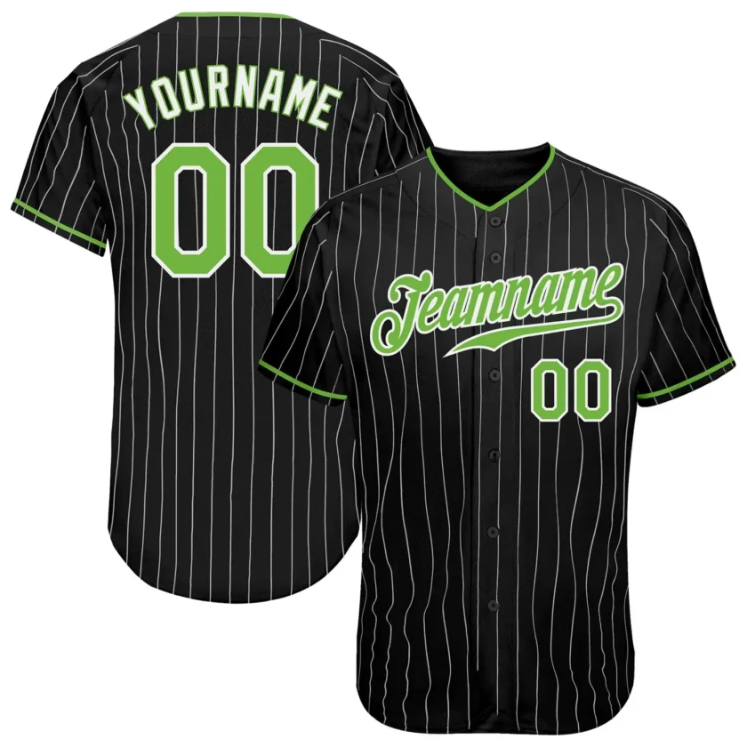 Custom Black Pinstripe Baseball Jersey with Neon Green White 3