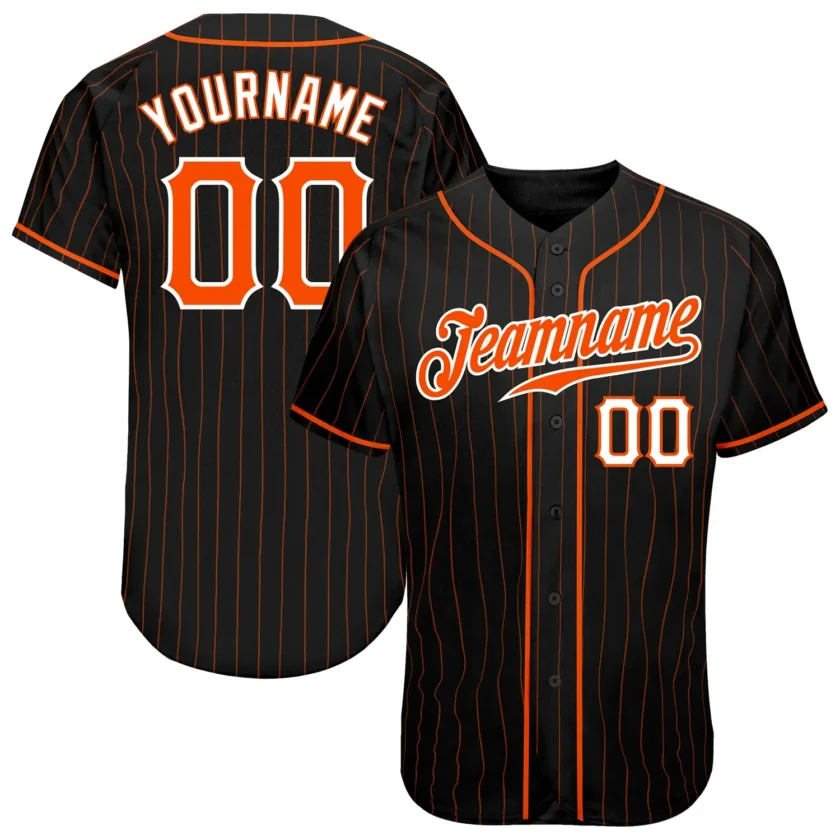 Custom Black Pinstripe Baseball Jersey with Orange White 3