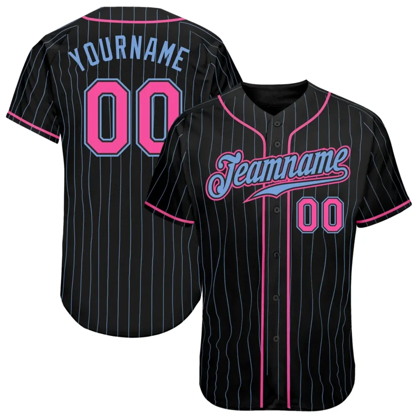 Custom Black Pinstripe Baseball Jersey with Pink Light Blue 3