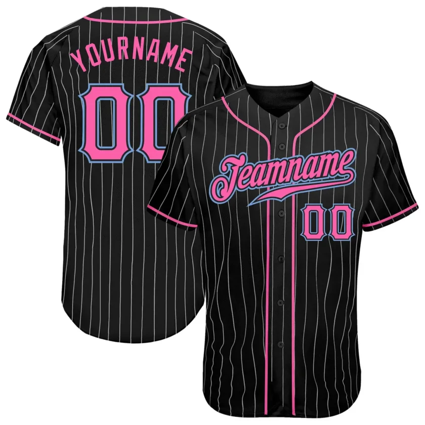 Custom Black Pinstripe Baseball Jersey with Pink Light Blue