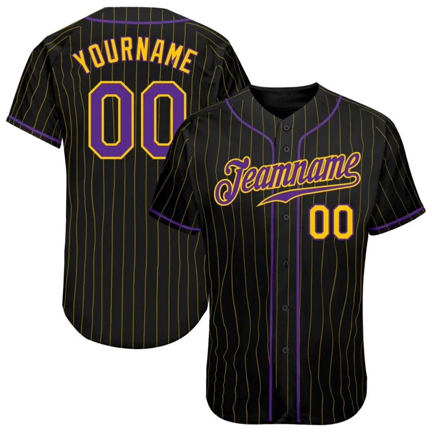 Custom Black Pinstripe Baseball Jersey with Purple Gold