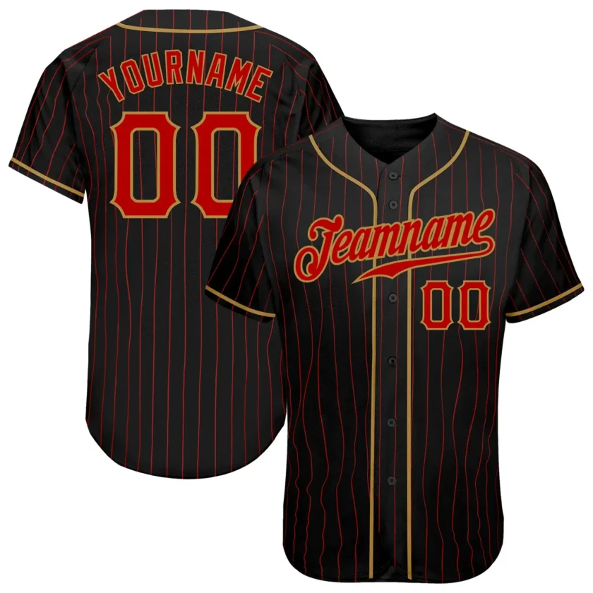 Custom Black Pinstripe Baseball Jersey with Red Old Gold 3