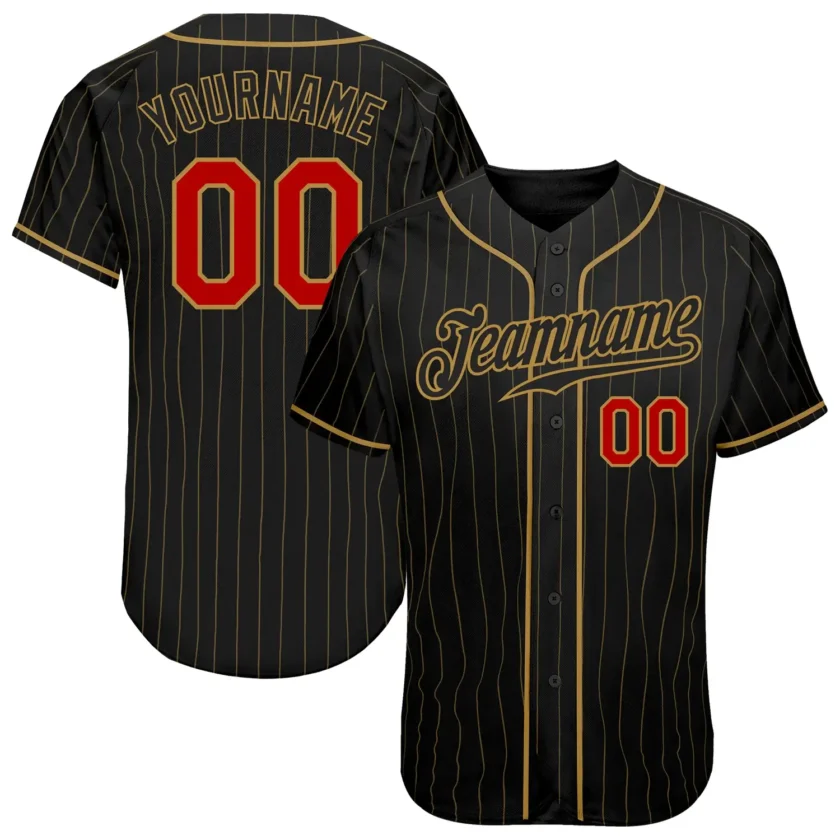 Custom Black Pinstripe Baseball Jersey with Red Old Gold
