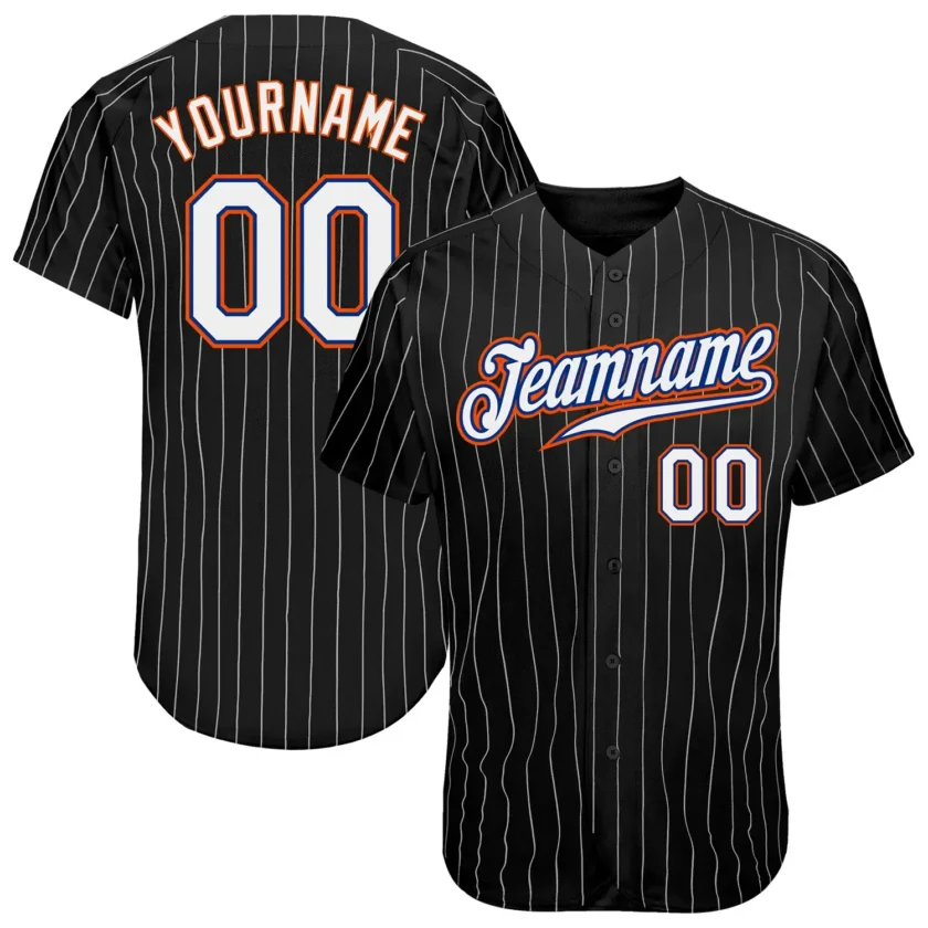 Custom Black Pinstripe Baseball Jersey with White Orange