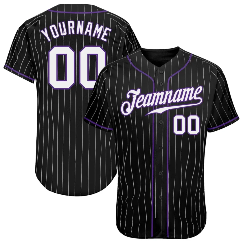 Custom Black Pinstripe Baseball Jersey with White Purple