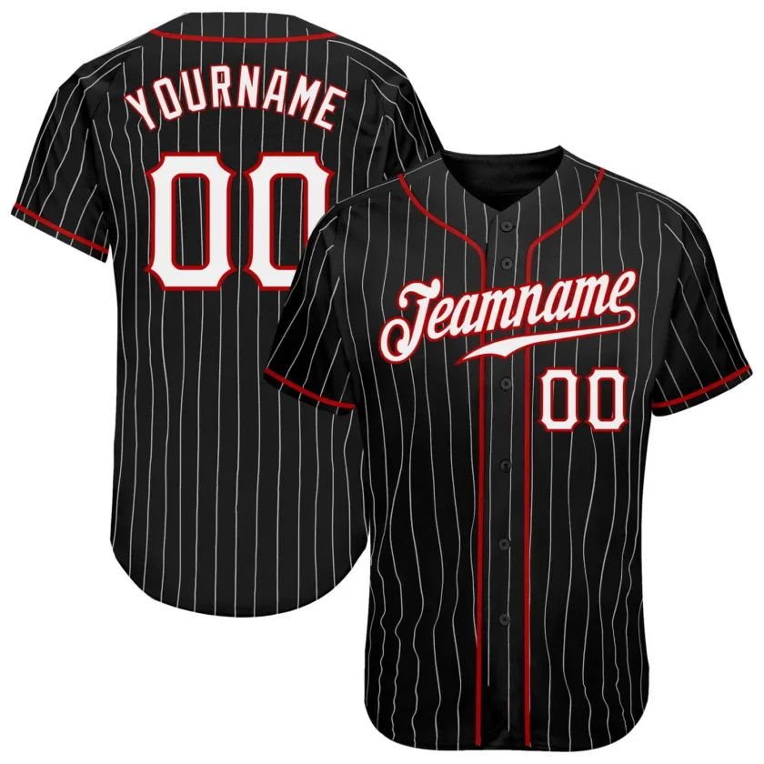 Custom Black Pinstripe Baseball Jersey with White Red