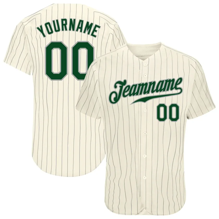 Custom Cream Pinstripe Baseball Jersey with Green Gray