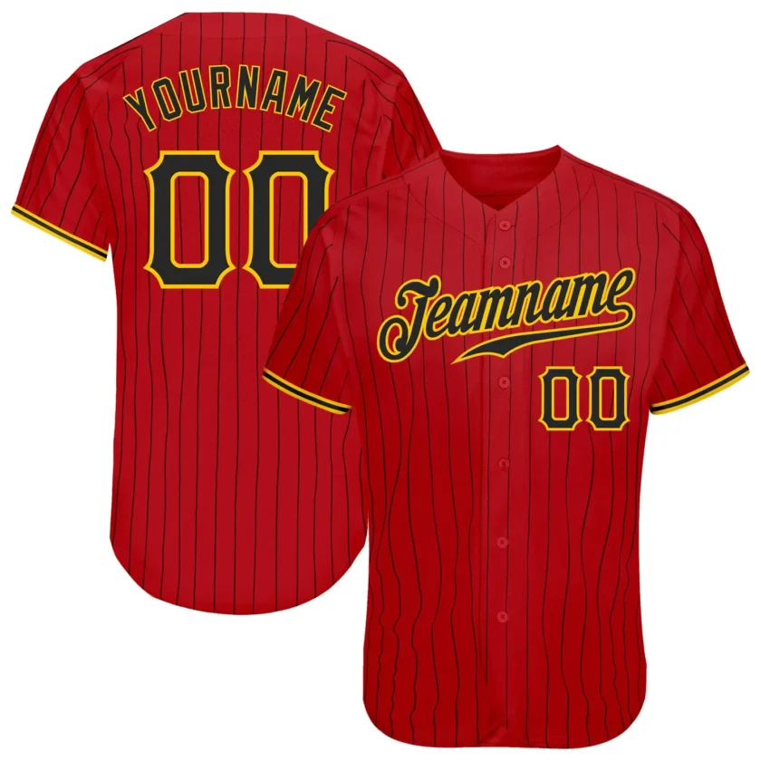 Custom Red Pinstripe Baseball Jersey with Black Gold