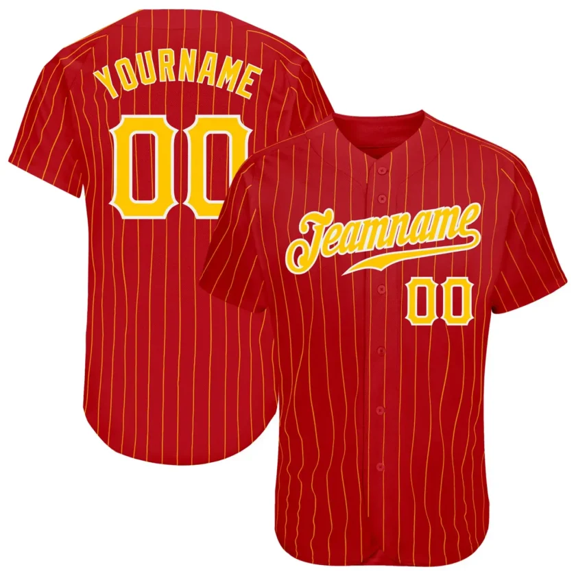 Custom Red Pinstripe Baseball Jersey with Gold White
