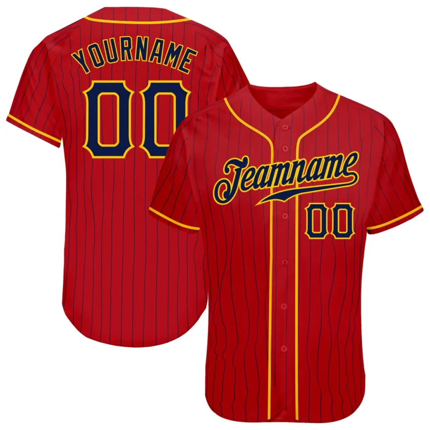 Custom Red Pinstripe Baseball Jersey with Navy Gold