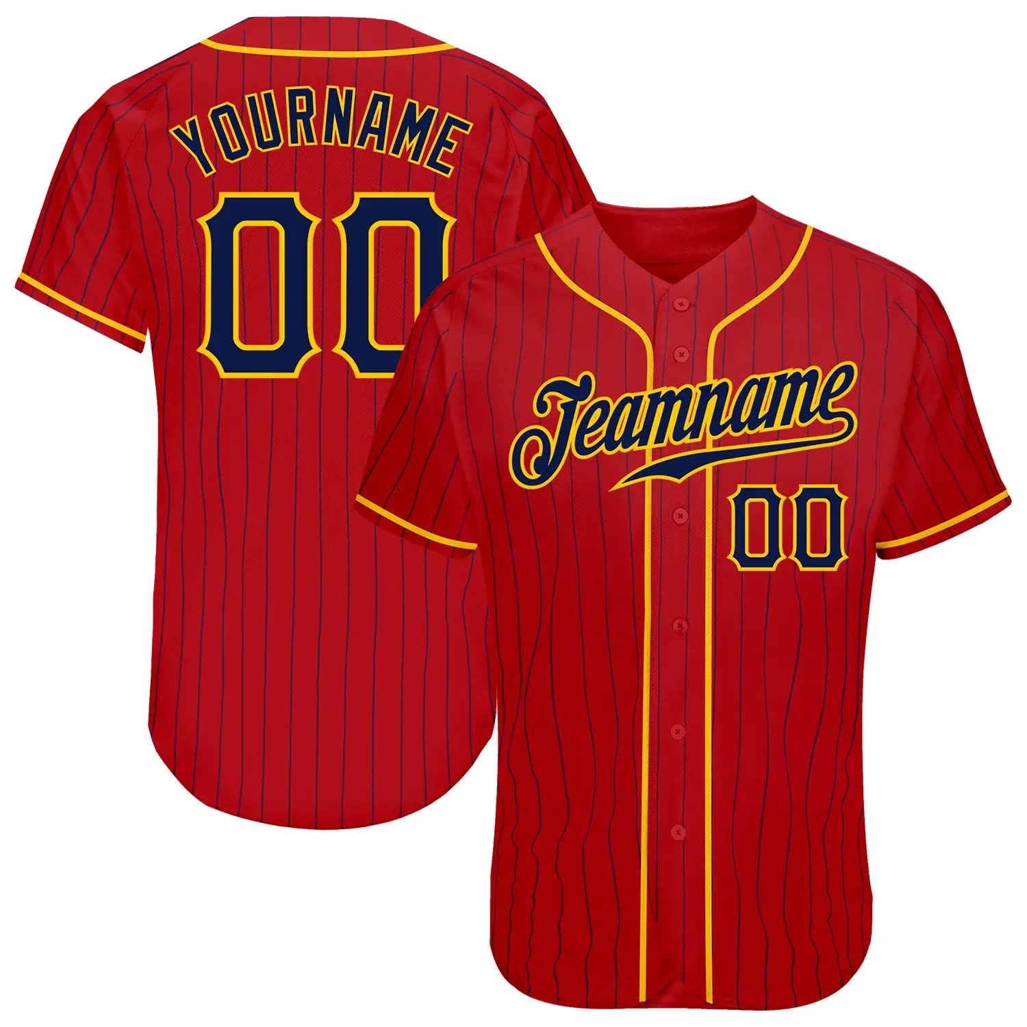 Custom Red Pinstripe Baseball Jersey with NavyGold Customized Guys