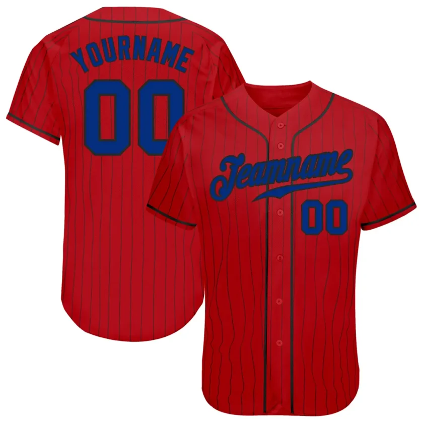 Custom Red Pinstripe Baseball Jersey with Royal Black