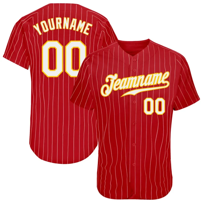 Custom Red Pinstripe Baseball Jersey with White Gold 3