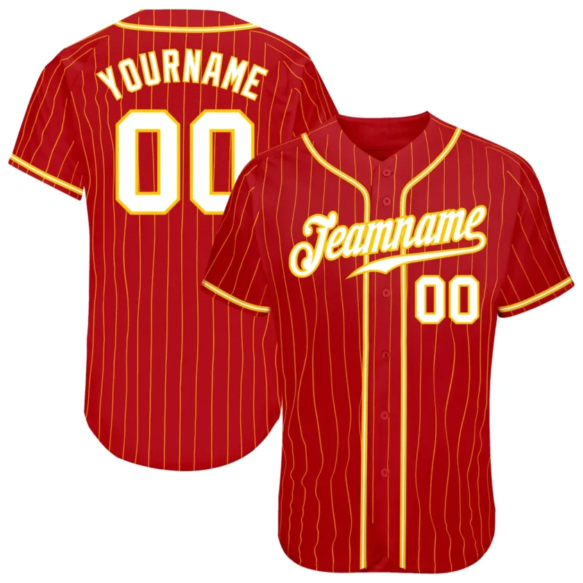 Custom Red Pinstripe Baseball Jersey with White Gold